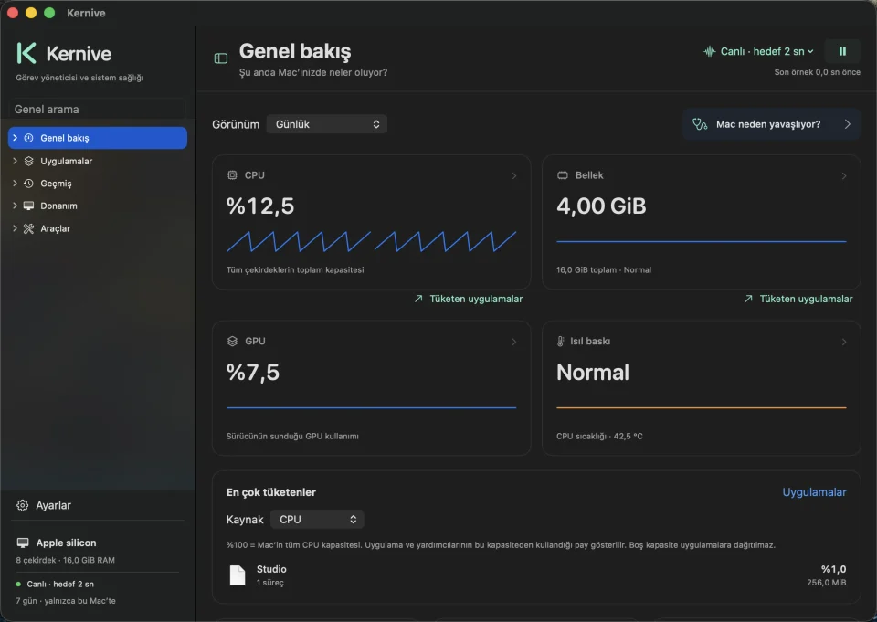 Kernive — Actual application screen · Turkish interface